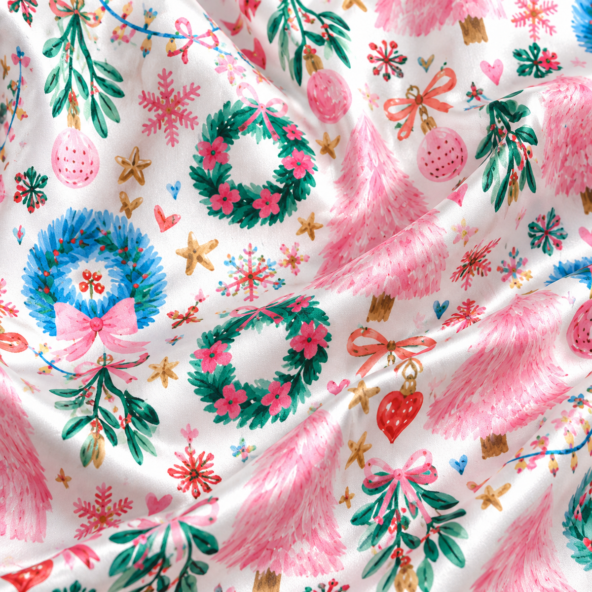 PJ-1828-Pink Christmas Satin Pajama Set with Wreaths Christmas Trees Ornaments Bows and Festive Botanical Holiday Pattern for Cozy Sleepwear