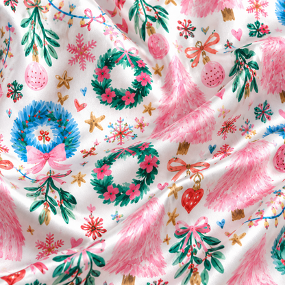 PJ-1828-Pink Christmas Satin Pajama Set with Wreaths Christmas Trees Ornaments Bows and Festive Botanical Holiday Pattern for Cozy Sleepwear