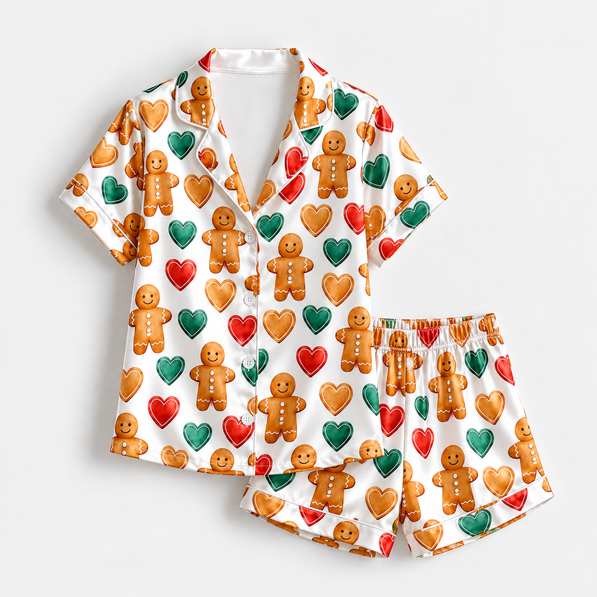 PJ-1829-Gingerbread Christmas Satin Pajama Set with Gingerbread Men Colorful Hearts and Festive Holiday Cookie Pattern for Cozy Sleepwear
