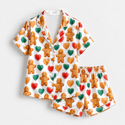 PJ-1829-Gingerbread Christmas Satin Pajama Set with Gingerbread Men Colorful Hearts and Festive Holiday Cookie Pattern for Cozy Sleepwear