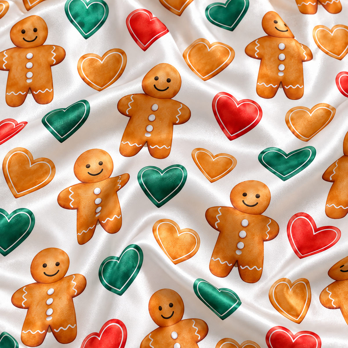 PJ-1829-Gingerbread Christmas Satin Pajama Set with Gingerbread Men Colorful Hearts and Festive Holiday Cookie Pattern for Cozy Sleepwear