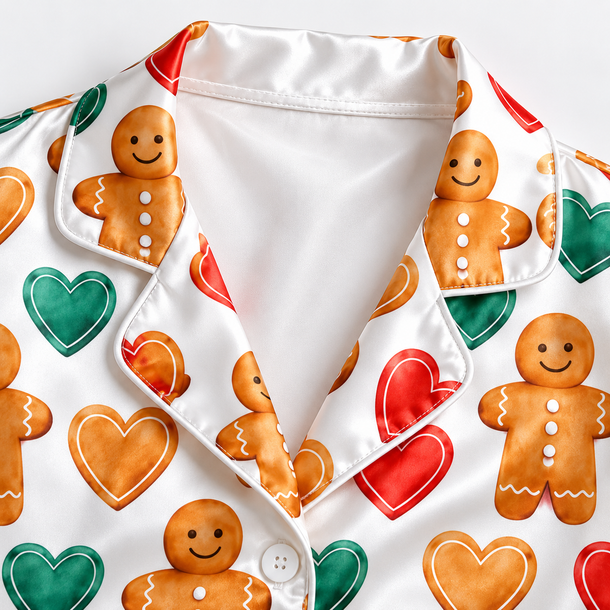 PJ-1829-Gingerbread Christmas Satin Pajama Set with Gingerbread Men Colorful Hearts and Festive Holiday Cookie Pattern for Cozy Sleepwear