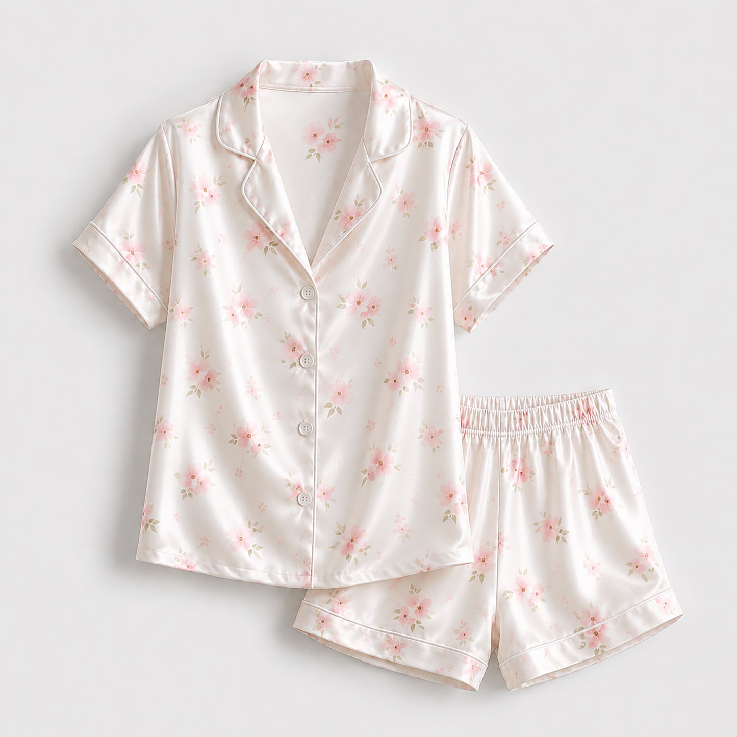 PJ-183-Satin Pearl White Soft Blossom Piping Button-Up Set FREE SHIPING