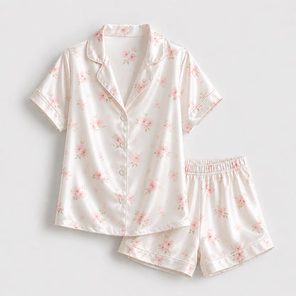 PJ-183-Satin Pearl White Soft Blossom Piping Button-Up Set FREE SHIPING