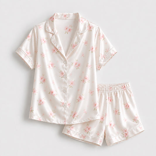 PJ-183-Satin Pearl White Soft Blossom Piping Button-Up Set FREE SHIPPING