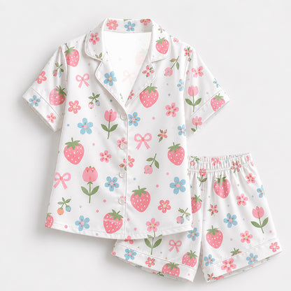 PJ-184-Strawberry Pure Mulberry Silk Pajama Set, White Fruit Flower Print Botanical Loungewear Sleepwear Collection FREE SHIPING