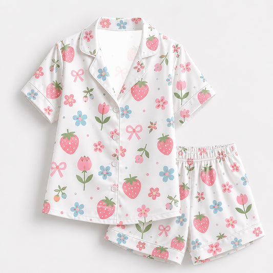 PJ-184-Strawberry Pure Mulberry Silk Pajama Set, White Fruit Flower Print Botanical Loungewear Sleepwear Collection FREE SHIPPING