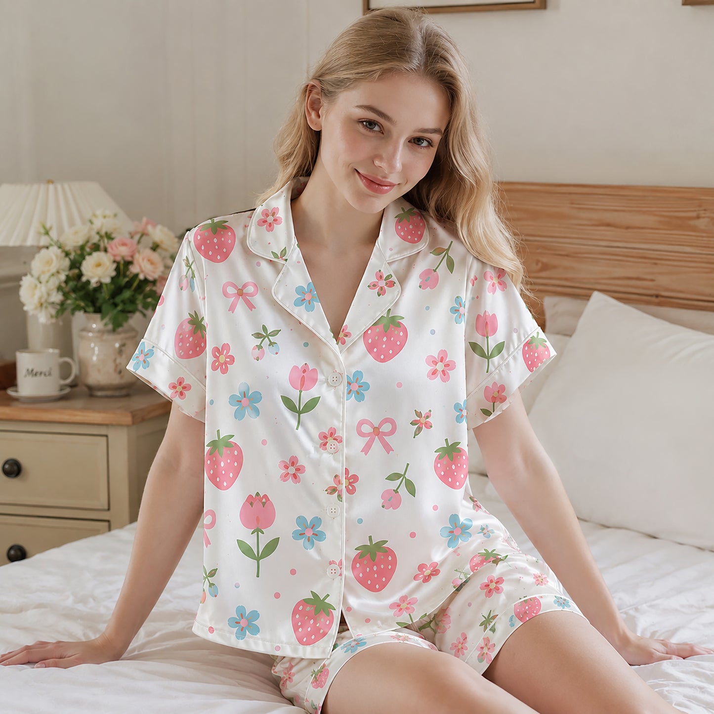PJ-184-Strawberry Pure Mulberry Silk Pajama Set, White Fruit Flower Print Botanical Loungewear Sleepwear Collection FREE SHIPING