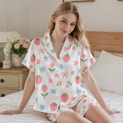 PJ-184-Strawberry Pure Mulberry Silk Pajama Set, White Fruit Flower Print Botanical Loungewear Sleepwear Collection FREE SHIPING