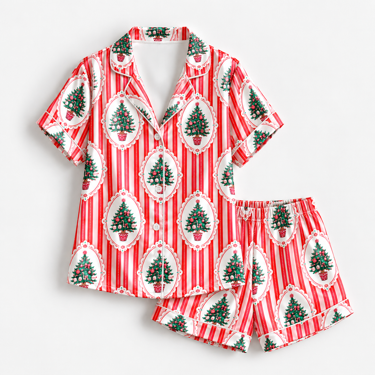 PJ-1848-Vintage Christmas Tree Satin Pajama Set, Red Stripe Holiday Tree Ornament Pajamas, Retro Festive Christmas Sleepwear