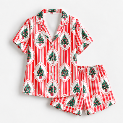 PJ-1848-Vintage Christmas Tree Satin Pajama Set, Red Stripe Holiday Tree Ornament Pajamas, Retro Festive Christmas Sleepwear