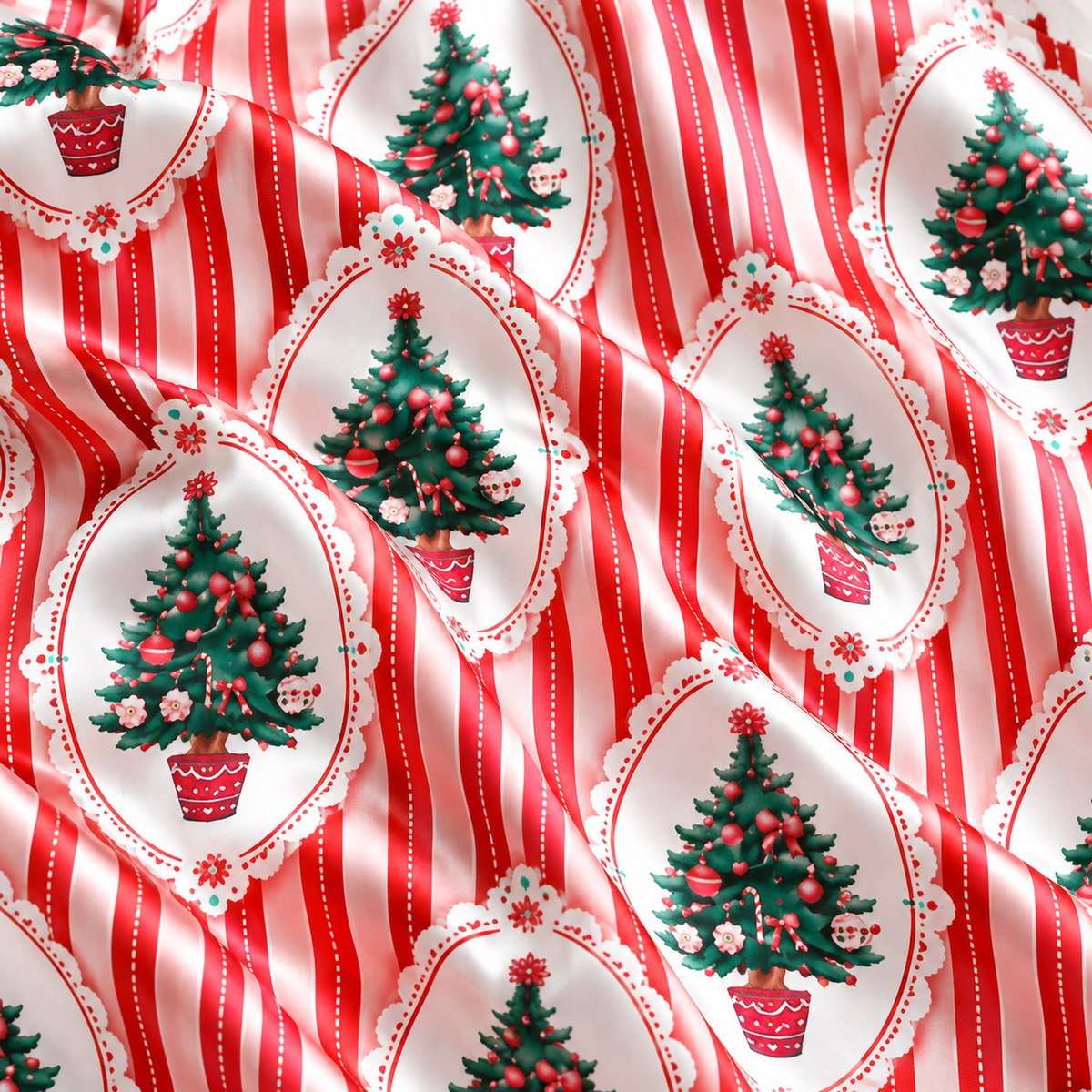 PJ-1848-Vintage Christmas Tree Satin Pajama Set, Red Stripe Holiday Tree Ornament Pajamas, Retro Festive Christmas Sleepwear