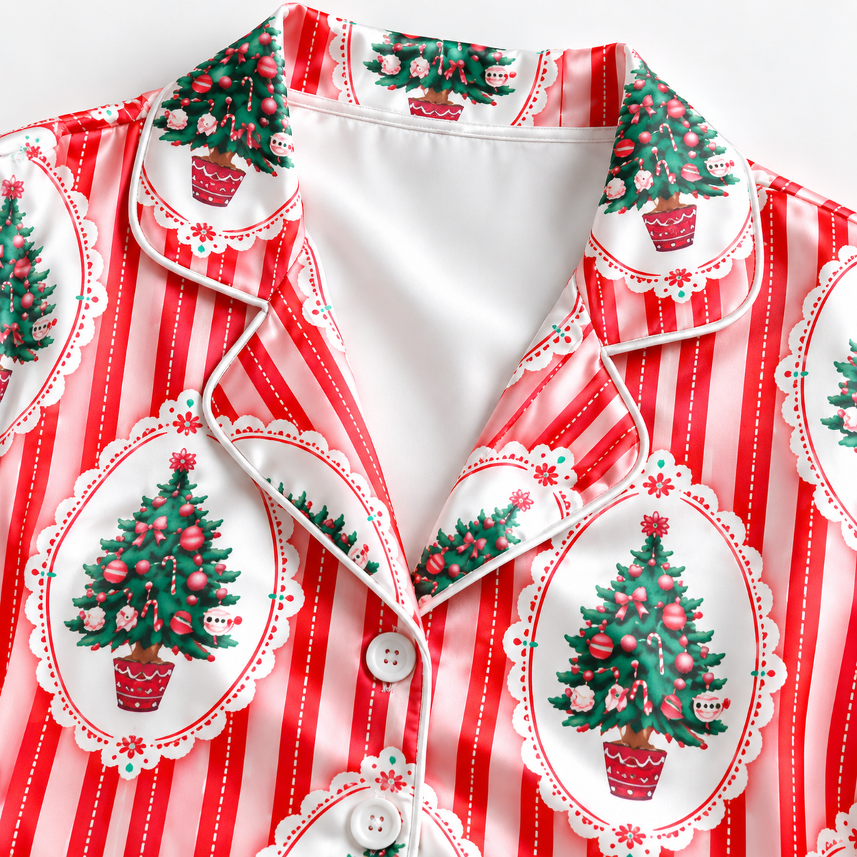 PJ-1848-Vintage Christmas Tree Satin Pajama Set, Red Stripe Holiday Tree Ornament Pajamas, Retro Festive Christmas Sleepwear