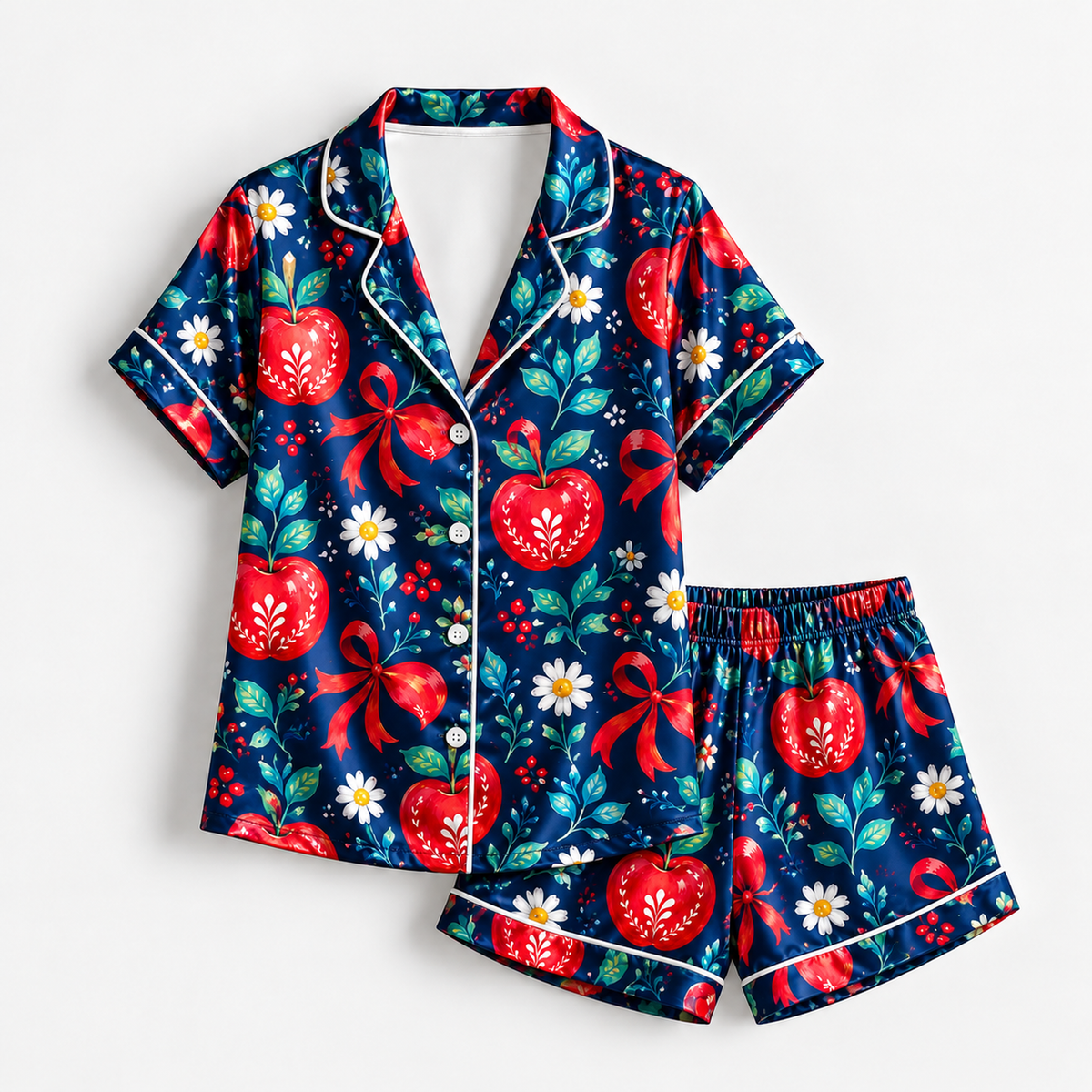 PJ-1849-Christmas Heart Ornament Satin Pajama Set, Red Bow Daisy Floral Festive Holiday Sleepwear