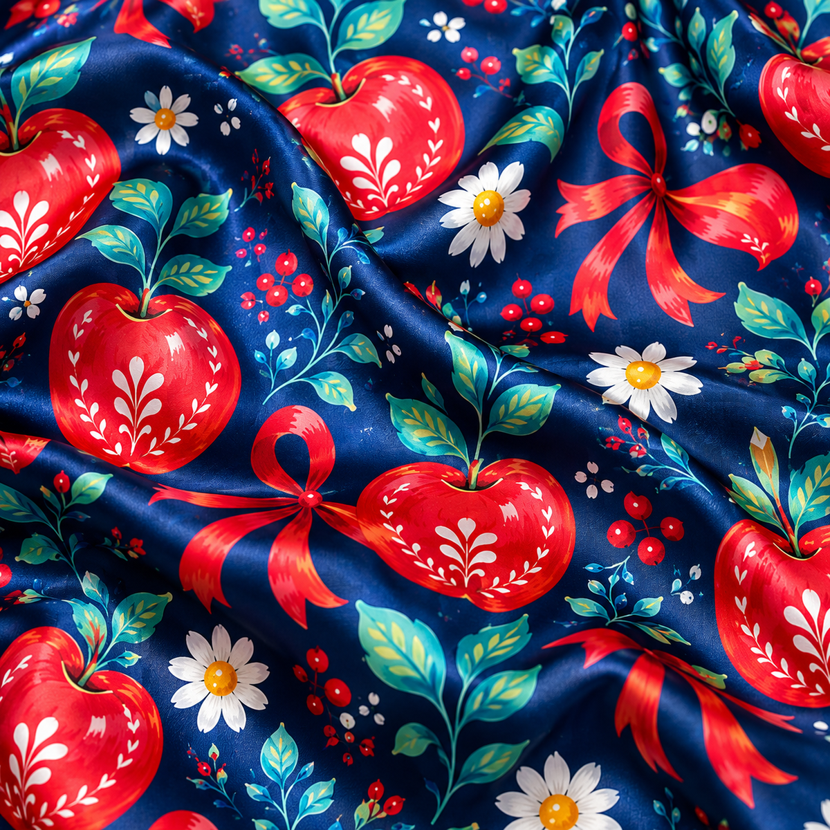 PJ-1849-Christmas Heart Ornament Satin Pajama Set, Red Bow Daisy Floral Festive Holiday Sleepwear