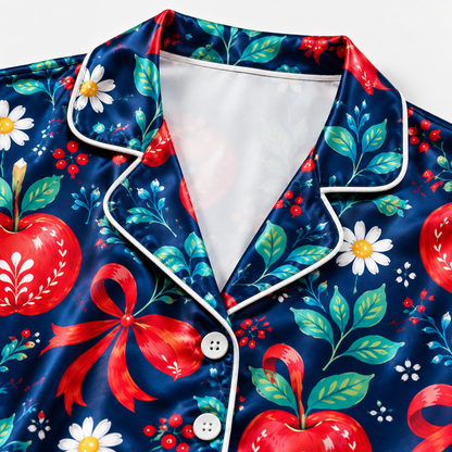 PJ-1849-Christmas Heart Ornament Satin Pajama Set, Red Bow Daisy Floral Festive Holiday Sleepwear