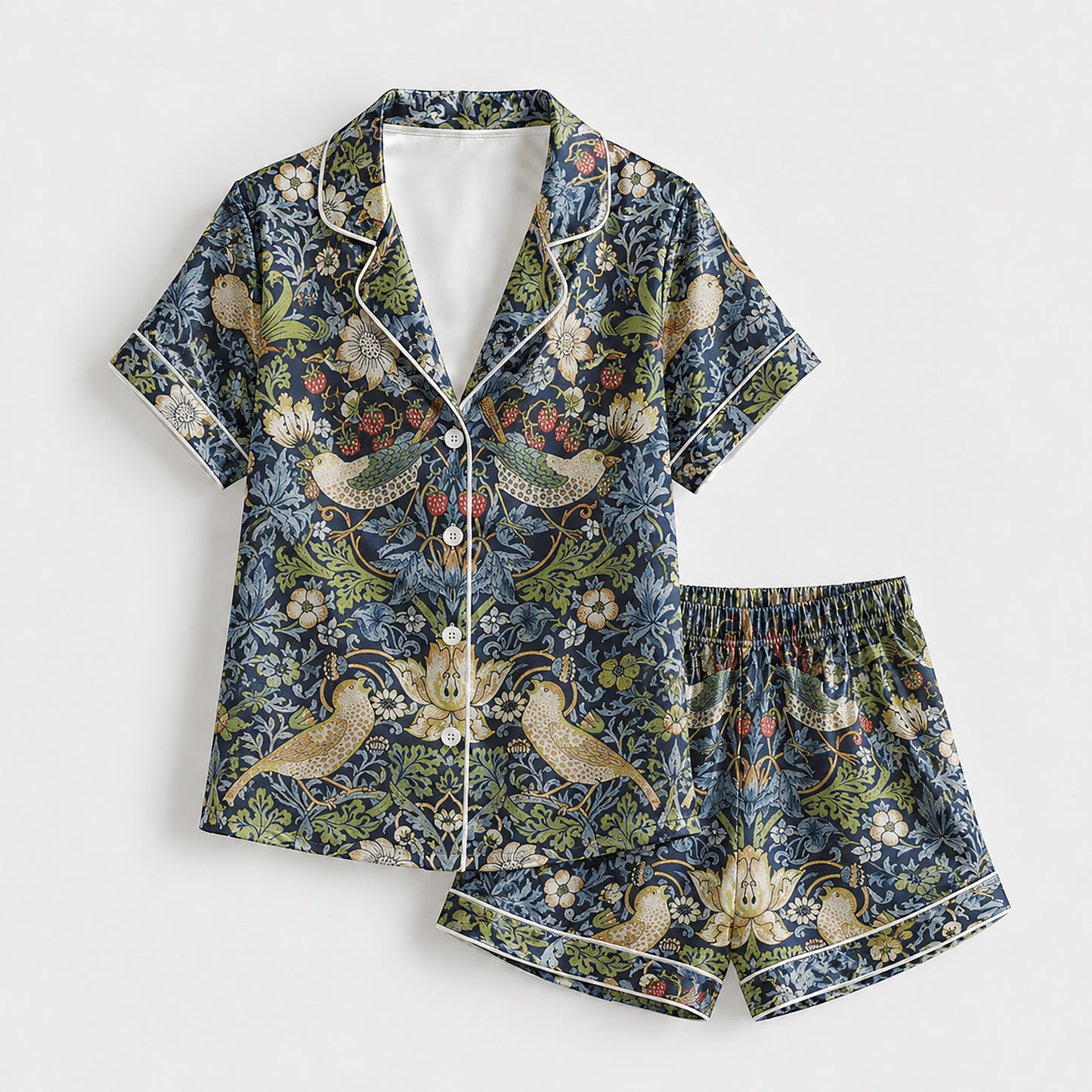 PJ-185-Satin Midnight Navy Heritage Tapestry Piping Button-Up Set FREE SHIPING