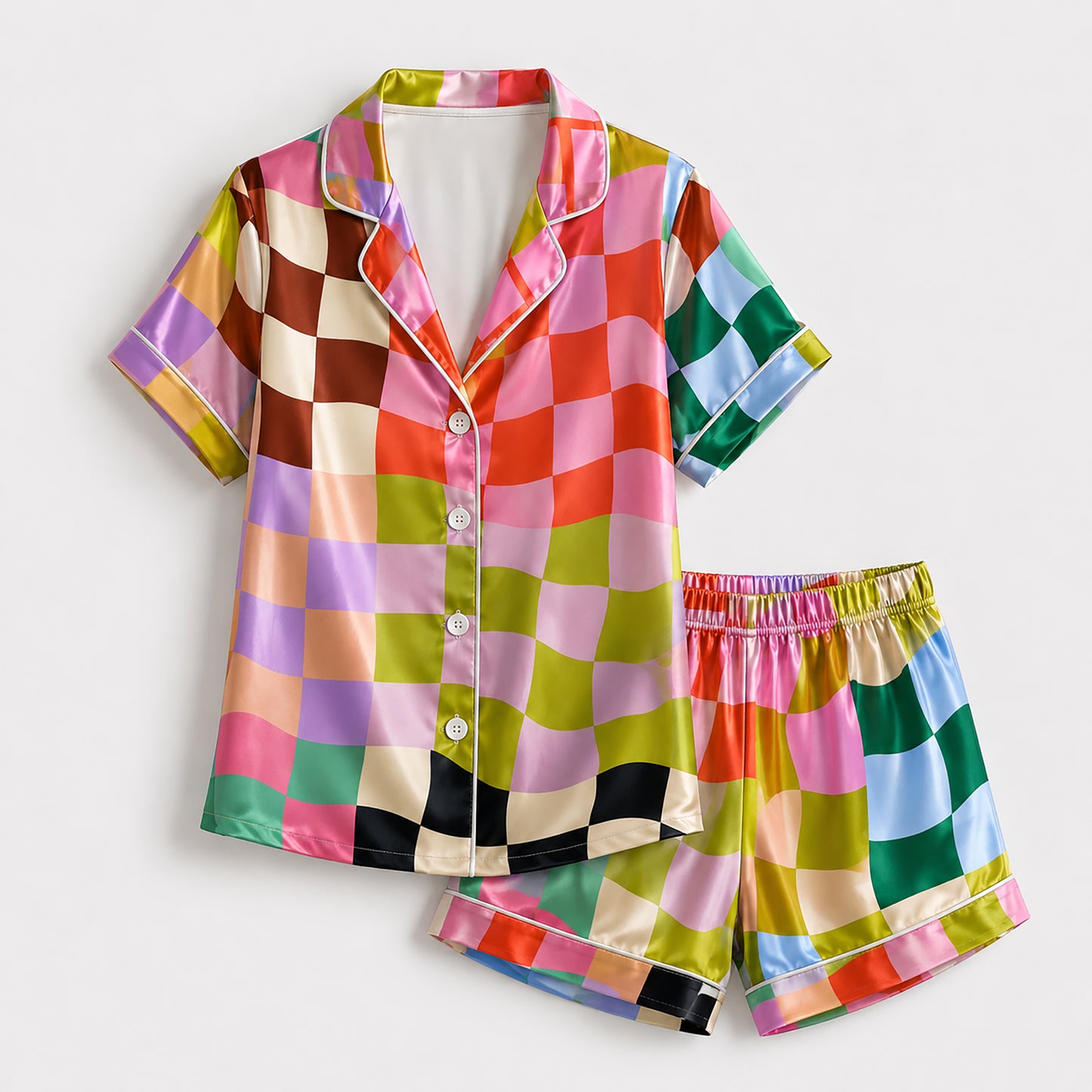 PJ-186-Unisex Satin Pajama Set with Colorful Checkerboard Print Button Down Sleepwear Shirt and Pants FREE SHIPING