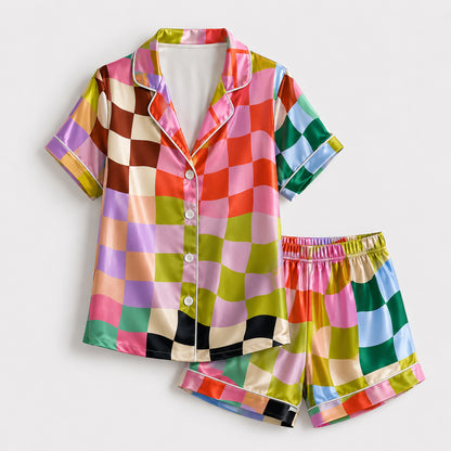 PJ-186-Unisex Satin Pajama Set with Colorful Checkerboard Print Button Down Sleepwear Shirt and Pants FREE SHIPING