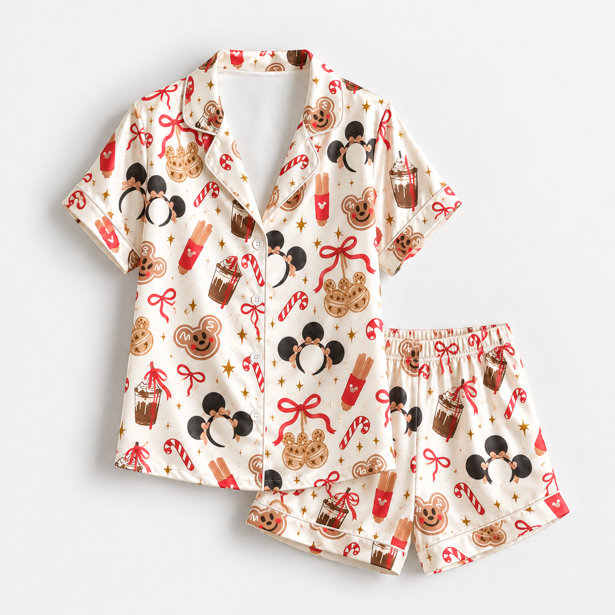 PJ-1863-Mickey Mouse Christmas Satin Pajama Set, Gingerbread Candy Cane Holiday Treat Festive Sleepwear