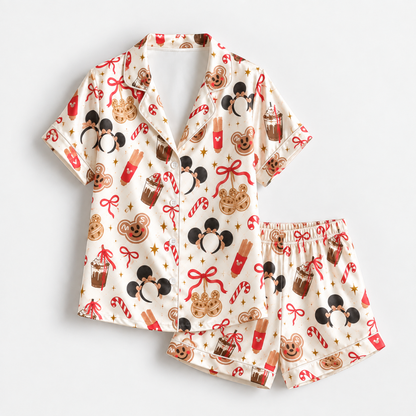 PJ-1863-Mickey Mouse Christmas Satin Pajama Set, Gingerbread Candy Cane Holiday Treat Festive Sleepwear