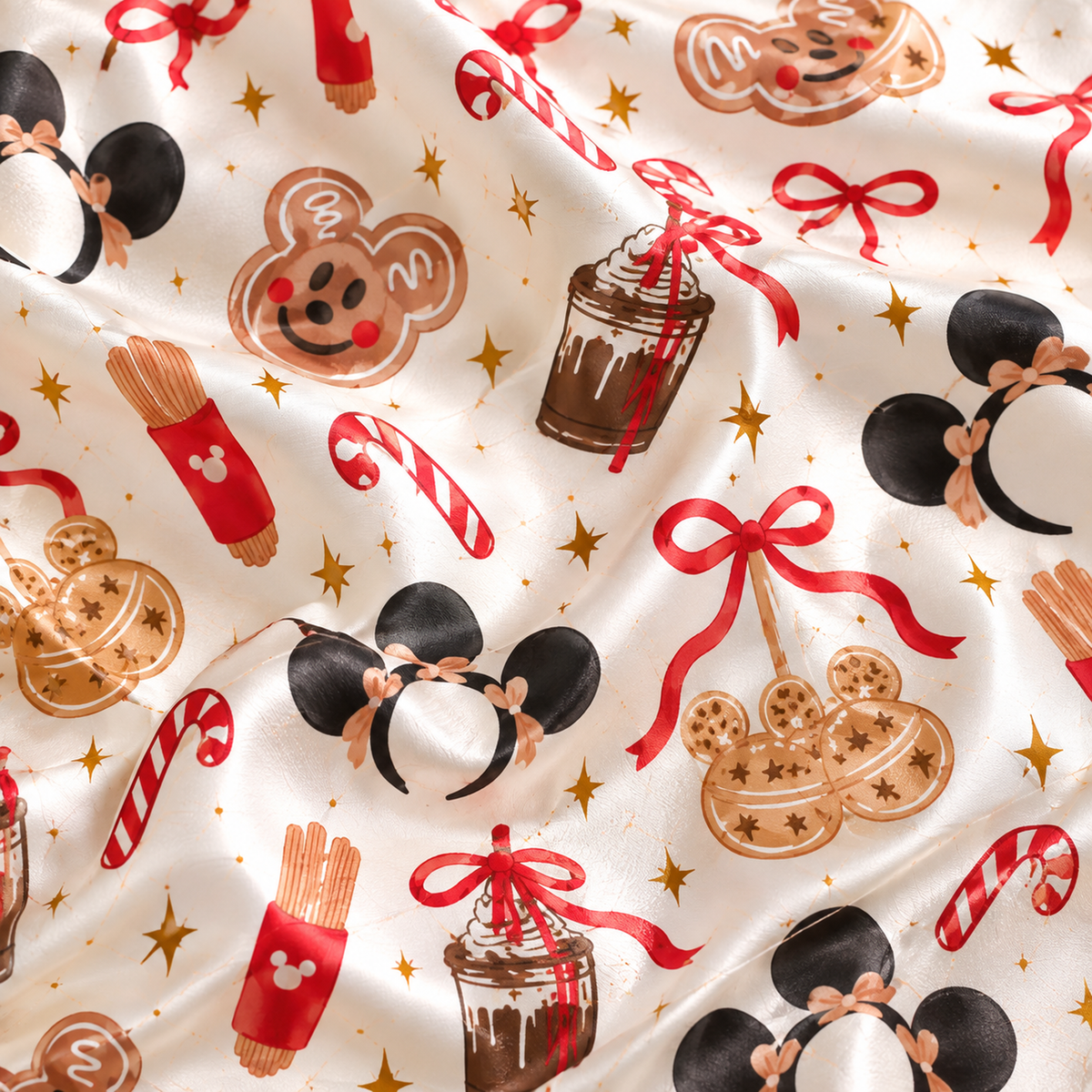 PJ-1863-Mickey Mouse Christmas Satin Pajama Set, Gingerbread Candy Cane Holiday Treat Festive Sleepwear