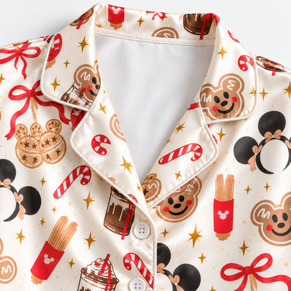 PJ-1863-Mickey Mouse Christmas Satin Pajama Set, Gingerbread Candy Cane Holiday Treat Festive Sleepwear