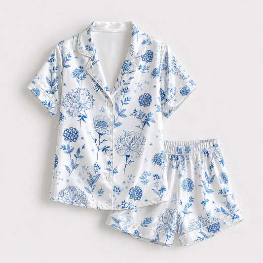 PJ-187-Elegant Blue Flower Satin Pajama Set With Button Up Top And Soft Matching Sleepwear Bottoms FREE SHIPPING