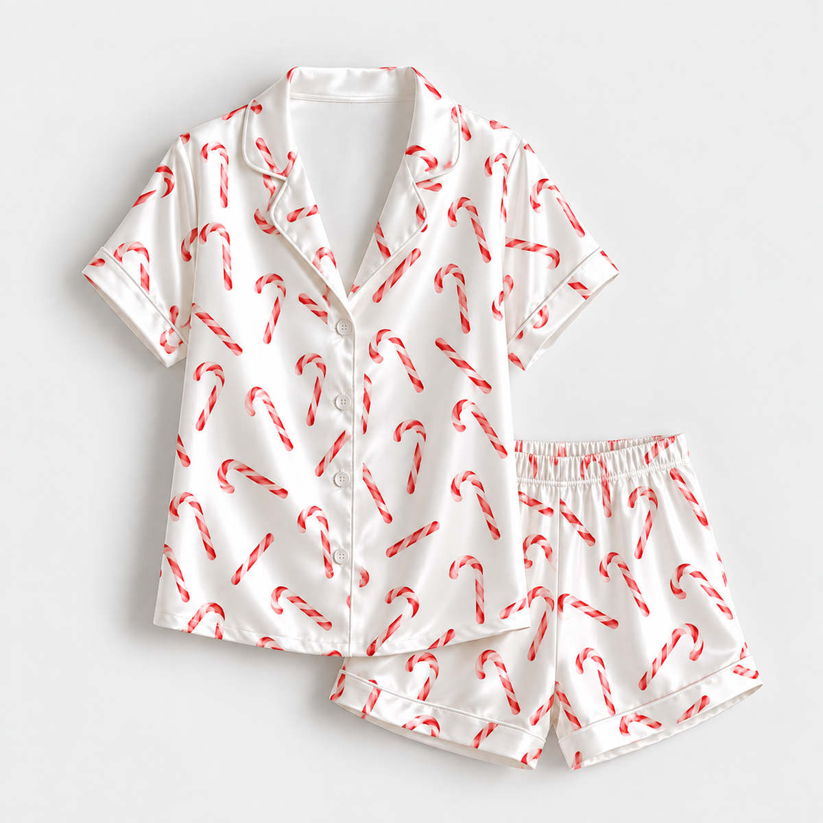 PJ-1879-Candy Cane Christmas Satin Pajama Set with Classic Red and White Peppermint Holiday Pattern for Cozy Sleepwear