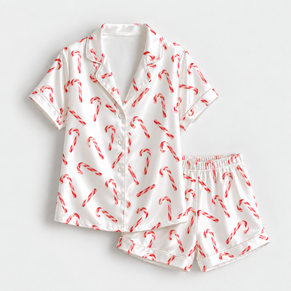 PJ-1879-Candy Cane Christmas Satin Pajama Set with Classic Red and White Peppermint Holiday Pattern for Cozy Sleepwear
