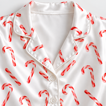 PJ-1879-Candy Cane Christmas Satin Pajama Set with Classic Red and White Peppermint Holiday Pattern for Cozy Sleepwear