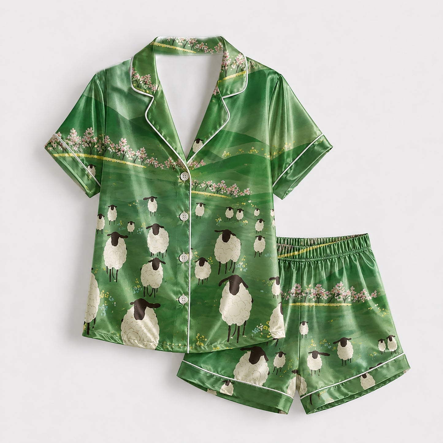 PJ-188-Countryside Sheep Satin Sleepwear Set With Floral Field Design And Comfortable Matching Pajama Bottoms FREE SHIPING