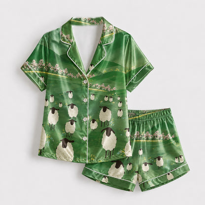 PJ-188-Countryside Sheep Satin Sleepwear Set With Floral Field Design And Comfortable Matching Pajama Bottoms FREE SHIPING