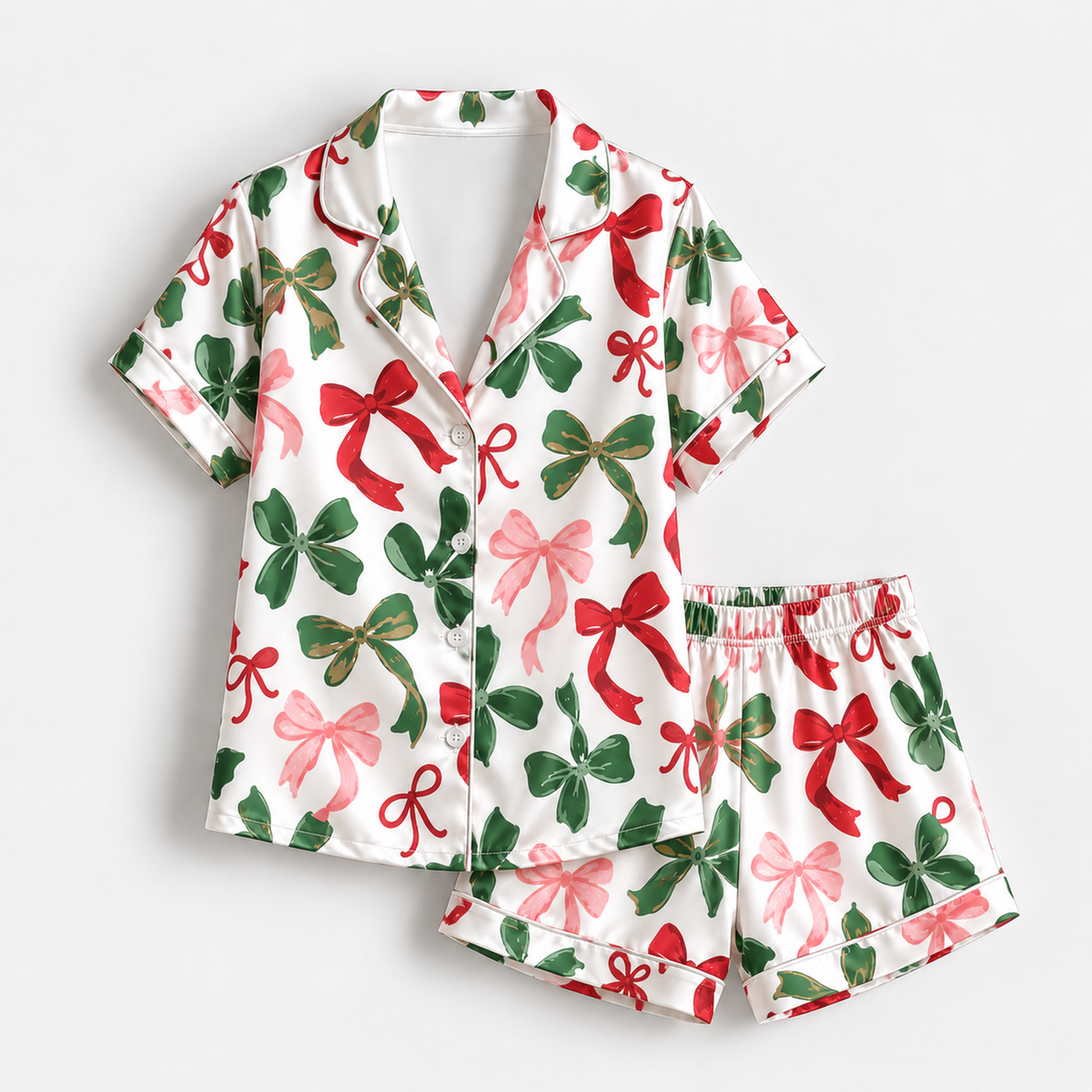 PJ-1880-Christmas Bow Satin Pajama Set with Red Pink Green Ribbon Bows and Elegant Festive Holiday Pattern for Cozy Sleepwear
