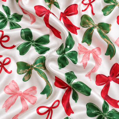 PJ-1880-Christmas Bow Satin Pajama Set with Red Pink Green Ribbon Bows and Elegant Festive Holiday Pattern for Cozy Sleepwear