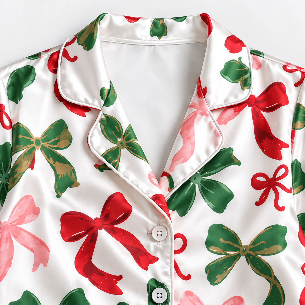 PJ-1880-Christmas Bow Satin Pajama Set with Red Pink Green Ribbon Bows and Elegant Festive Holiday Pattern for Cozy Sleepwear