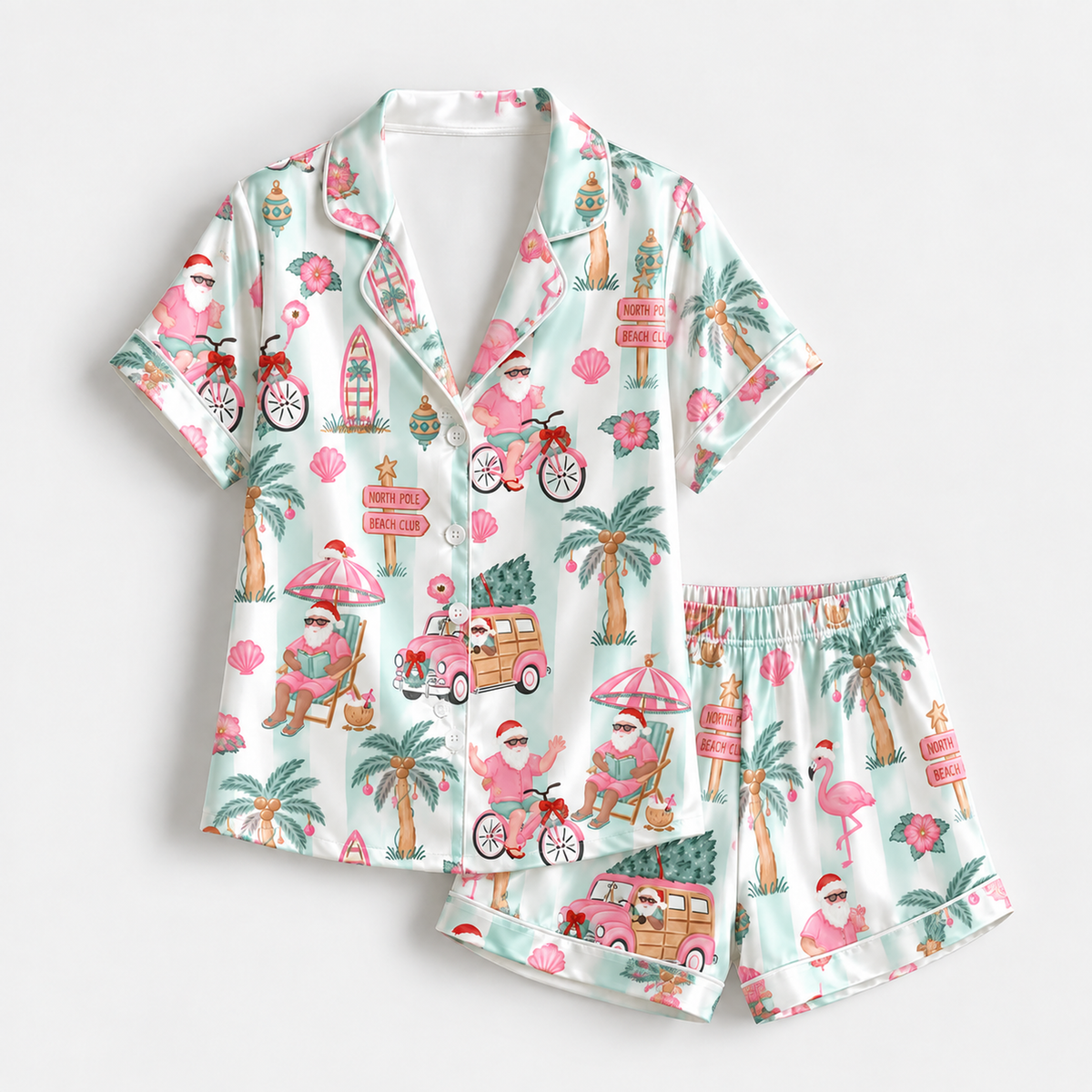 PJ-1881-Tropical Santa Christmas Satin Pajama Set with Flamingos Palm Trees Bicycles Beach Signs and Festive Vacation Pattern for Cozy Sleepwear