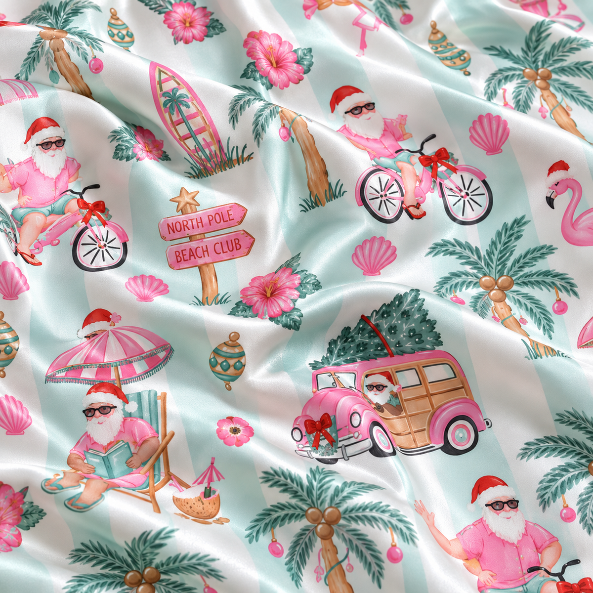PJ-1881-Tropical Santa Christmas Satin Pajama Set with Flamingos Palm Trees Bicycles Beach Signs and Festive Vacation Pattern for Cozy Sleepwear