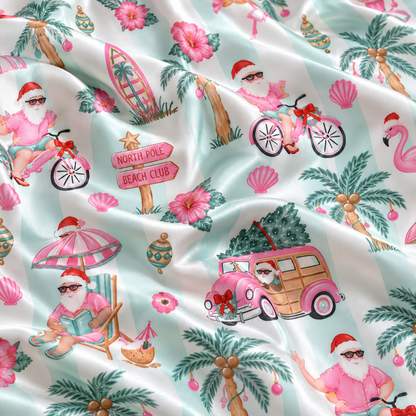 PJ-1881-Tropical Santa Christmas Satin Pajama Set with Flamingos Palm Trees Bicycles Beach Signs and Festive Vacation Pattern for Cozy Sleepwear