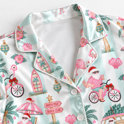 PJ-1881-Tropical Santa Christmas Satin Pajama Set with Flamingos Palm Trees Bicycles Beach Signs and Festive Vacation Pattern for Cozy Sleepwear