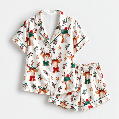 PJ-1882-Christmas Reindeer Satin Pajama Set with Holly Berries Stars Festive Hats and Whimsical Woodland Holiday Pattern for Cozy Sleepwear