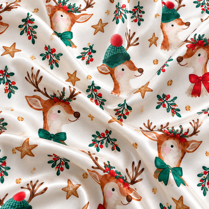 PJ-1882-Christmas Reindeer Satin Pajama Set with Holly Berries Stars Festive Hats and Whimsical Woodland Holiday Pattern for Cozy Sleepwear