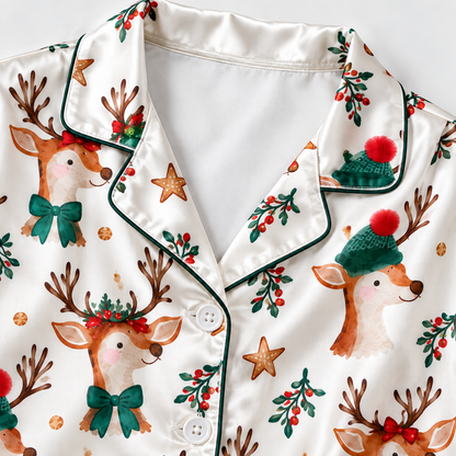 PJ-1882-Christmas Reindeer Satin Pajama Set with Holly Berries Stars Festive Hats and Whimsical Woodland Holiday Pattern for Cozy Sleepwear