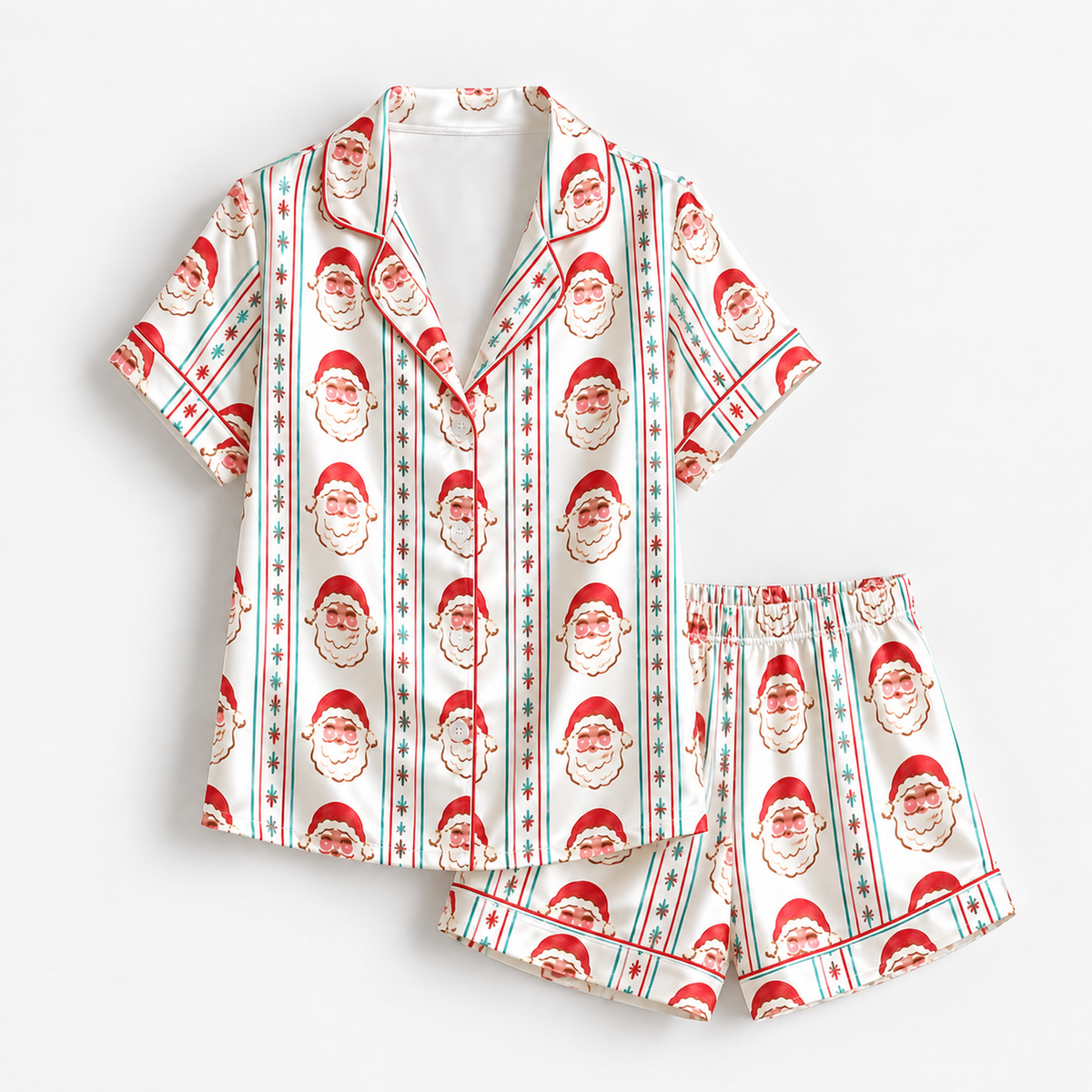 PJ-1883-Retro Santa Satin Pajama Set with Christmas Trees Snowflakes and Vintage Holiday Stripe Pattern for Cozy Sleepwear