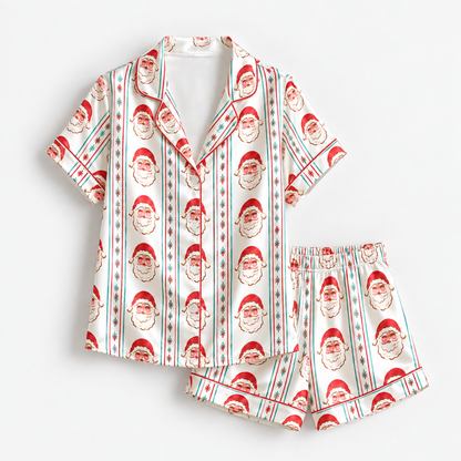 PJ-1883-Retro Santa Satin Pajama Set with Christmas Trees Snowflakes and Vintage Holiday Stripe Pattern for Cozy Sleepwear