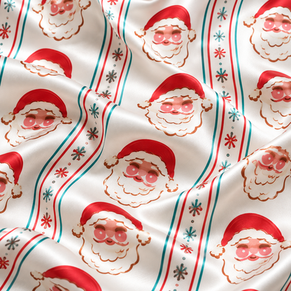 PJ-1883-Retro Santa Satin Pajama Set with Christmas Trees Snowflakes and Vintage Holiday Stripe Pattern for Cozy Sleepwear