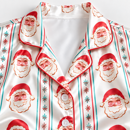 PJ-1883-Retro Santa Satin Pajama Set with Christmas Trees Snowflakes and Vintage Holiday Stripe Pattern for Cozy Sleepwear
