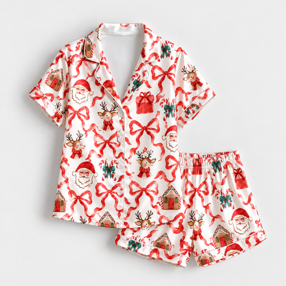PJ-1885-Christmas Bow Satin Pajama Set with Santa Reindeer Gifts Gingerbread Houses and Festive Holiday Pattern for Cozy Sleepwear