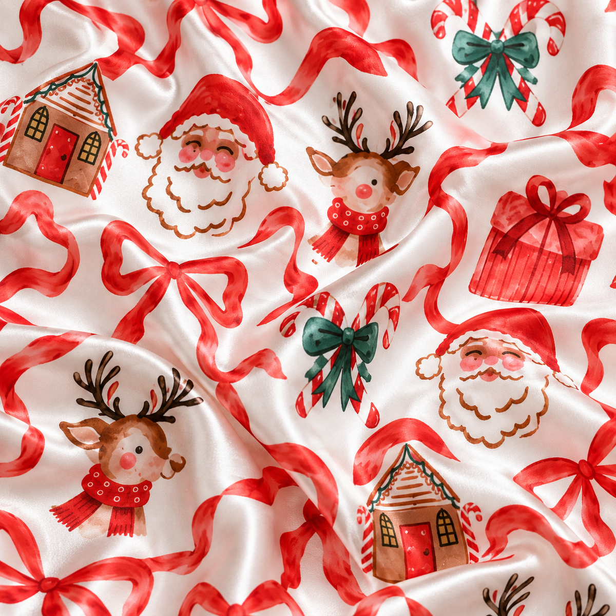 PJ-1885-Christmas Bow Satin Pajama Set with Santa Reindeer Gifts Gingerbread Houses and Festive Holiday Pattern for Cozy Sleepwear
