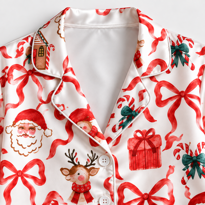 PJ-1885-Christmas Bow Satin Pajama Set with Santa Reindeer Gifts Gingerbread Houses and Festive Holiday Pattern for Cozy Sleepwear